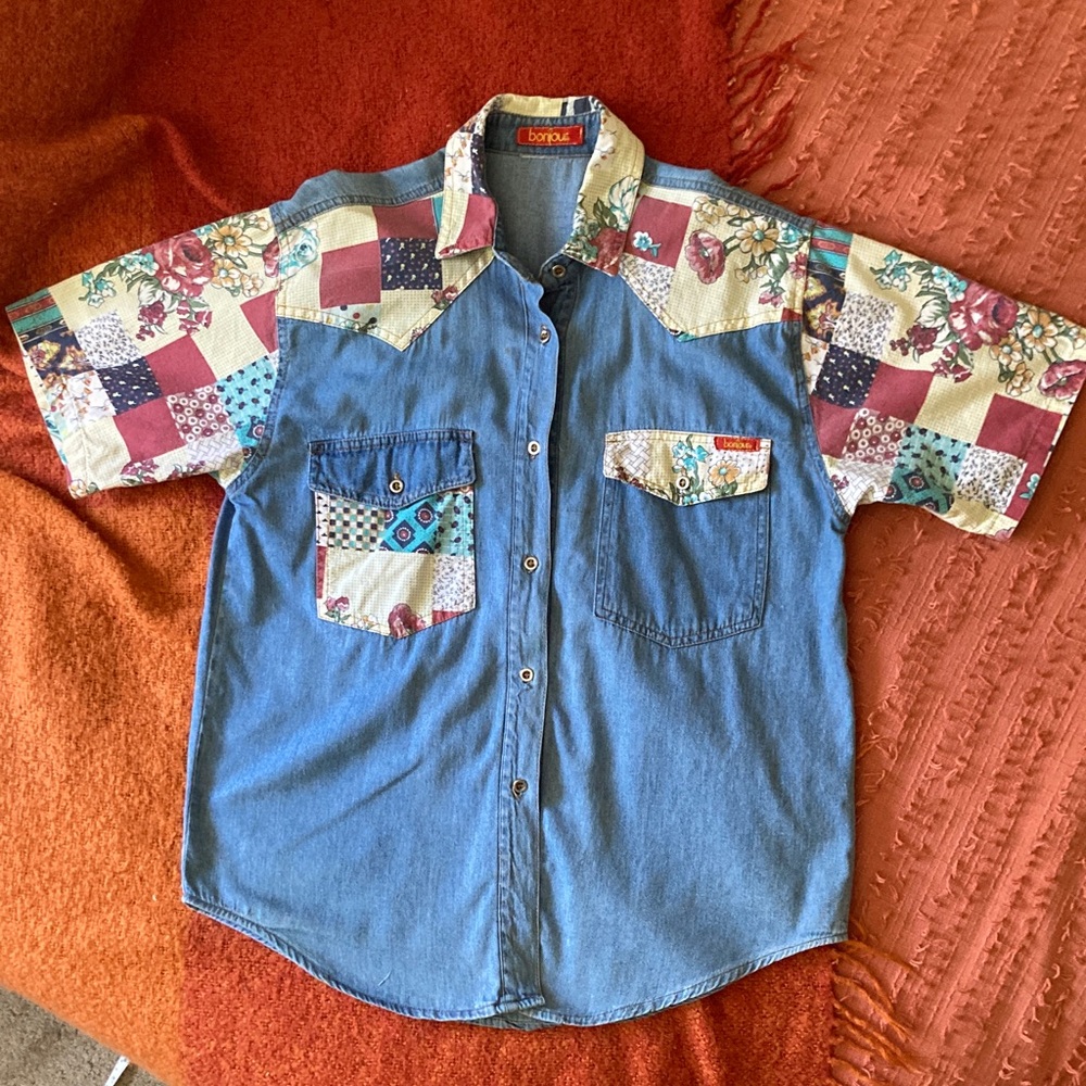 Vintage Bonjour Denim Patchwork Short Sleeve Button-Down Shirt - Multicolor